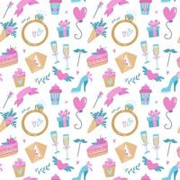 Seamless romantic pattern. Set for wedding design elements. Save the date concept includes cake, ribbon, flower, heart. Flat cartoon doodle illustration vector