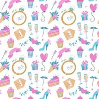 Seamless romantic pattern. Set for wedding design elements. Save the date concept includes cake, ribbon, flower, heart. Flat cartoon doodle illustration vector