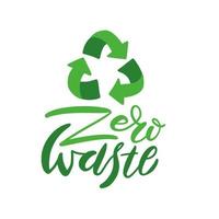 Zero waste handwritten text with green recycling sign isolated on white background. Zero landfill concept illustration in flat hand drawn style. vector