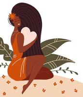 ámate a ti mismo, cuerpo positivo, concepto de autocuidado. hermosa chica negra abrazando un gran corazón rosa. ilustración vectorial plana aislada con un personaje femenino con hojas y flores. vector