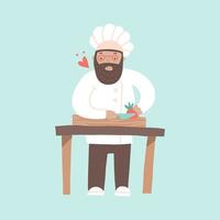 chef sonriente cortando verduras con un cuchillo, preparando platos con amor. el corazón vuela a su alrededor. cocinero feliz aislado en un fondo azul. ilustración de dibujos animados en estilo plano vector