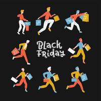 Black Friday crowd of male people running to the store on sale. Flat design vector illustration. Lettring text. Square banner.