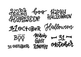 feliz halloween conjunto de citas hechas a mano tipografía de línea de moda. para la decoración de tarjetas de diseño de vacaciones frase espeluznante y volantes. vector moderno de caligrafía de halloween. 31 de octubre, abucheo, bruja