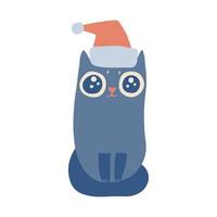 Little blue cat with Santa s hat. Cute sitting feline pet . New Year and Christmas celebration. Freehand isolated element. Vector flat Illustration. Only 5 colors - Easy to recolor.