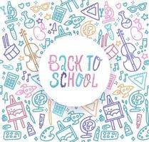 Back to School banner with texture from colorful line art icons of of education, science objects and office supplies on the notebook background. vector