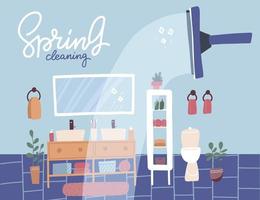 Spring cleaning banner. Bathroom cleaning service. Radiant purity concept. House interior in Scandinavian style. Flat vector illustration.