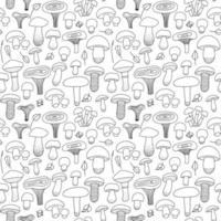 Edible Mushrooms and leaves seamless pattern on an isolated white background. Forest, mushroom print for textiles in hand drawn doodle style. Black-white pattern. Vector linear illustration.