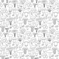 Edible Mushrooms and leaves seamless pattern on an isolated white background. Forest, mushroom print for textiles in hand drawn doodle style. Black-white pattern. Vector linear illustration.