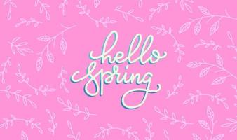 Hello spring banner. Trendy bright pink texture. Horizontal concept with branches pattern. Vector Lettering text. Fashionable styling.