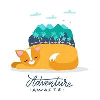 A cat on summer holiday illustration. A sleeping cat dreams of traveling to an exotic island. Mountains and trees on the back of the pet. Flat vector illustration with lettering Adventure awaits.