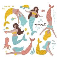 Mermaid set with marine inhabitants and fishes, Hand drawn vector flat illustration.