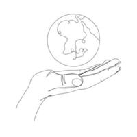 Continuous one line drawing. Hand holding Earth globe. Vector illustration.