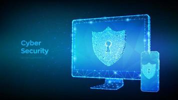Protect and cyber security or safe concept. Abstract low polygonal computer monitor and smartphone and shield with keyhole icon. Cyber data security or information privacy idea. Vector Illustration.