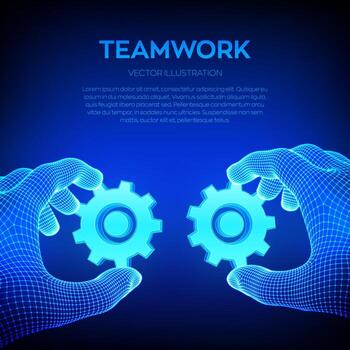 Two hands connect the gears. Symbol of association and connection. Building a business system. Teamwork, cooperation concept. Business idea, solutions, strategy. Vector Illustration.