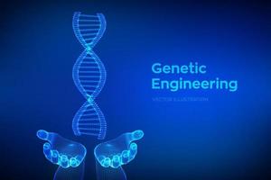 secuencia de adn en las manos. Malla de estructura de moléculas de ADN de estructura metálica. plantilla editable de código de ADN. concepto de ciencia y tecnología. ilustración vectorial vector