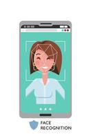 Face id concept. Female face on big smartphone screen. Personality Recognition, modern cellphone with security system. Smiling woman with focus on her face. Flat cartoon vector illustration.