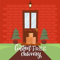 Contactless delivery. Package is next to the door to the house. Goods are delivered to the door. Stay at home concept. Quarantine and prevention of spread of coronavirus. Flat vector illustration