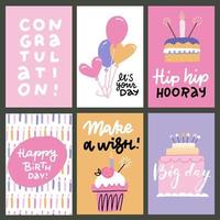 conjunto de 6 lindas plantillas de tarjetas creativas con diseño de tema de feliz cumpleaños. tarjeta dibujada a mano para aniversario, invitaciones a fiestas, scrapbooking. ilustración dibujada a mano plana vectorial con letras vector