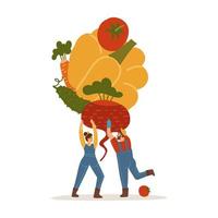 Tiny man and woman holding stack of vegetables - tomato, cucumber, carrot, beet isolated on white. Vector flat illustration of people farmer in modern style.