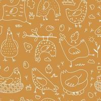 Linear hen birds seamless pattern. Hand drawn outline doodle chickens and eggs. Can be printed and used as wrapping paper, wallpaper, textile, fabric, etc. Cute vector backdrop