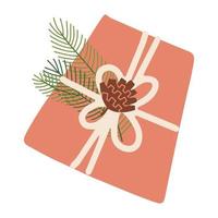 regalo de navidad en papel de regalo. caja de regalo festiva con conos de coníferas y ramas de abeto. elemento aislado a mano alzada. ilustración plana vectorial. solo 5 colores - fácil de volver a colorear. vector