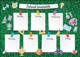 Template school timetable for students and pupils. Vector colorful line Illustration includes many hand drawn elements of school supplies and chalkboard background space theme.