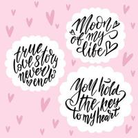 Hand drawn lettering set with romantic phrases about love. Monochrome vector illustration collection on pink background