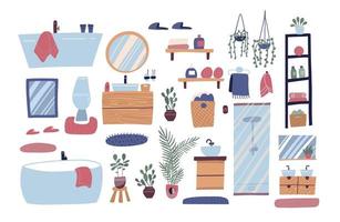 juego de muebles de baño. gran colección de muebles, plomería, productos de higiene personal. ilustración de dibujos animados de diseño gráfico plano vectorial. vector