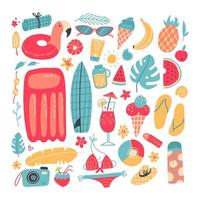 Big set of summer vacation items. Accessories for beach holidays by the sea. Summer fruits, food, drinks, equipment, clothes. Collection for summer holiday. Flat cartoon hand drawn vector illustration