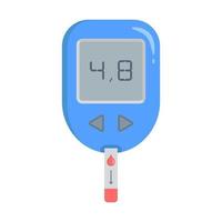 Glucometer with test strip. A device for measuring blood sugar levels. The indicator on the screen is normal. Flat cartoon style. Isolated vector illustration on white background.