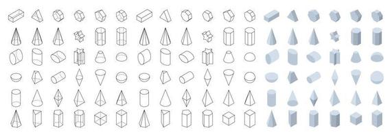 Set of 3d basic geometric shapes. Isometric view. Objects for school, geometry and mathematics. Isolated vector illustration on white background.