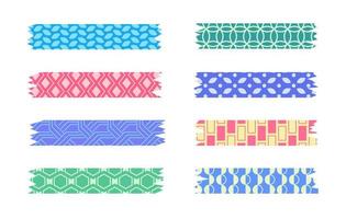 Set of colorful patterned washi tape strips. Cute decorative scotch tape isolated on white background. Vector illustration.