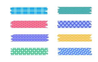 Set of colorful patterned washi tape strips. Cute decorative scotch tape isolated on white background. Vector illustration.