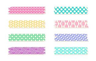 Set of colorful patterned washi tape strips. Cute decorative scotch tape isolated on white background. Vector illustration.