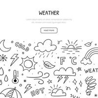 Hand drawn set of weather related objects and elements. Illustration in doodle sketch style for banner, frame, poster design. vector