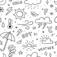 Hand drawn seamless pattern related weather theme, sun, clouds, snowflakes, wind, rain, moon, lightning. Doodle sketch. Vector illustration for background design.