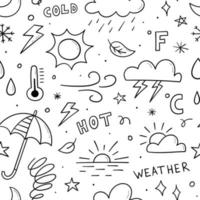 Hand drawn seamless pattern related weather theme, sun, clouds, snowflakes, wind, rain, moon, lightning. Doodle sketch. Vector illustration for background design.