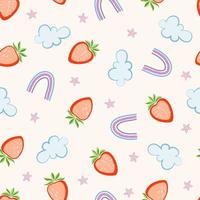 Seamless pattern with strawberries, rainbows, clouds and stars on a white background vector