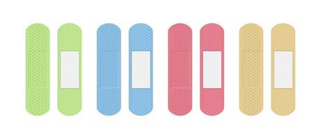 Medical adhesive plaster of various colors set. Medical bandage beige, green, pink and blue. vector
