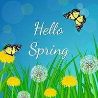 Hello spring background with dandelions, grass and butterflies vector