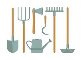 Garden tools set. Shovel, pitchfork, watering can, axe, sickle, rake, hoe. vector