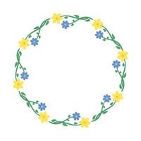 Spring blue flowers and yellow daffodils round frame vector