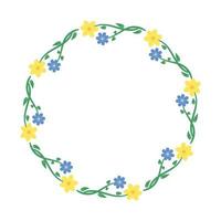 marco redondo de flores azules de primavera y narcisos amarillos vector