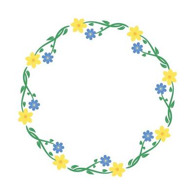 Spring blue flowers and yellow daffodils round frame