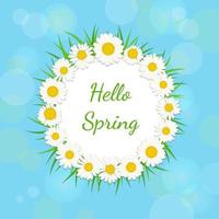 Hello spring background with frame of daisies and grass vector