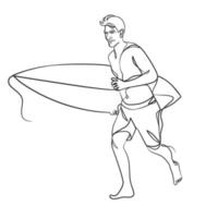 dibujo de línea continua de un surfista con una tabla de surf vector