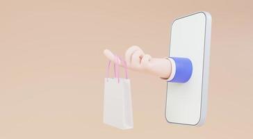 Mobile shopping concept. cartoon hand of a delivery man with a shopping bag, 3d Illustrations photo