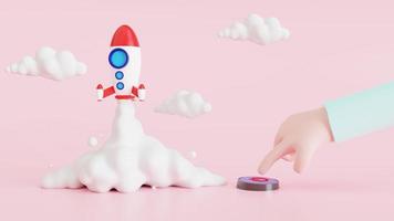 The concept started with a rocket flying off the ground with a cartoon hand pressing a button. front view, 3d illustration photo