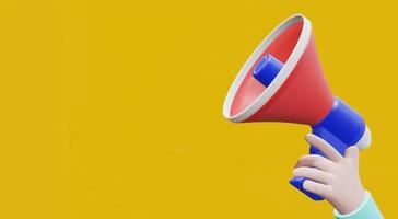 3D rendering Cartoon hand holding megaphone on yellow background with copy space. photo