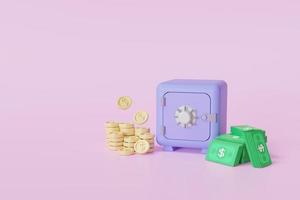 Purple Safe box with coins and cash on pink background. 3d  illustration photo